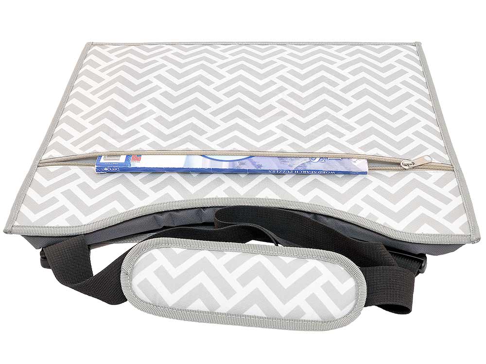 Kids car travel tray large zipper pocket chevron grey white